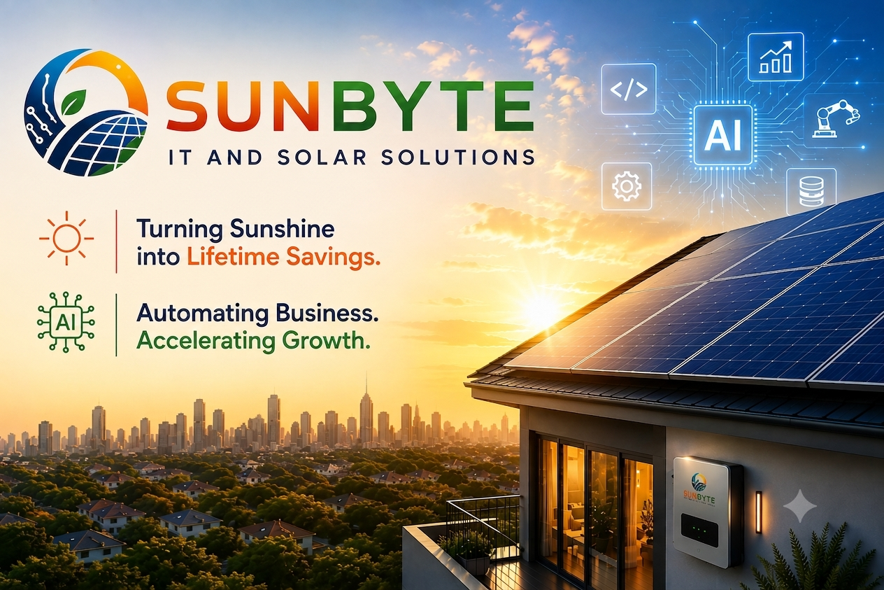 SunByte IT and Solar Solutions solar panels installed on a residential rooftop at sunset